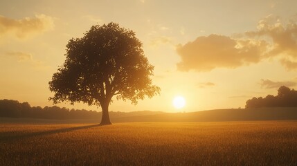 Poster - Majestic solitary tree standing in a golden field during a breathtaking sunset with soft clouds and warm sunlight creating a serene landscape atmosphere
