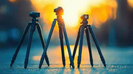 Poster - Two tripods placed on a city sidewalk, waiting for use