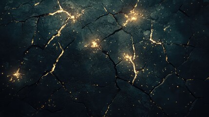Poster - Dark Cracked Surface with Glowing Golden Highlights, Ideal for Backgrounds, Textures, and Artistic Design Projects