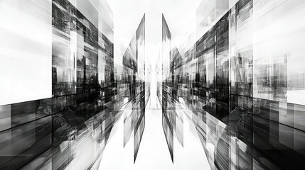 Poster - Abstract representation of a futuristic city with layered glass structures creating a sense of depth, motion, and an innovative architectural vision in monochrome tones