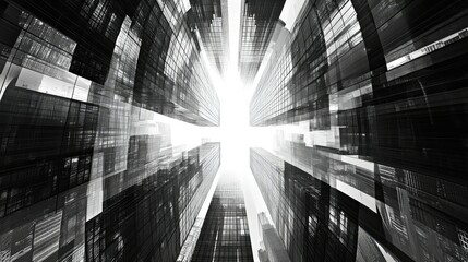 Poster - Abstract View of Tall Skyscrapers with Dramatic Light Rays in Black and White Offering a Unique Perspective of Urban Architecture and Modern Design