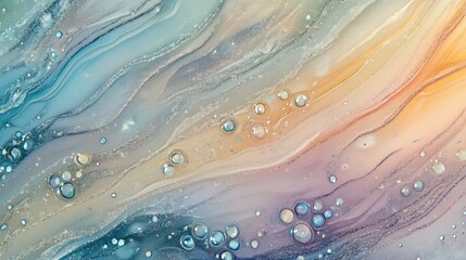 Poster - Abstract swirls of colorful fluid art featuring soft hues of blue, orange, and cream with bubbles and streaks, creating a mesmerizing and ethereal background for creative projects.