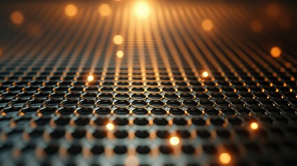Poster - Close-Up View of Textured Metallic Surface with Circular Patterns and Soft Glowing Lights, Evoking a Sense of Depth and Modernity in Design Aesthetics