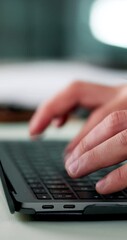 Aufkleber - Laptop, research and hands of business person in office for email marketing, lead generation or client information. Typing, keyboard or customer feedback with closeup of employee in agency for report