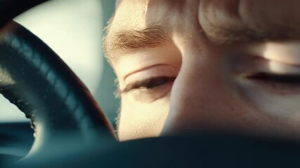 Poster - A close-up shot of a person's hands and face while driving a car
