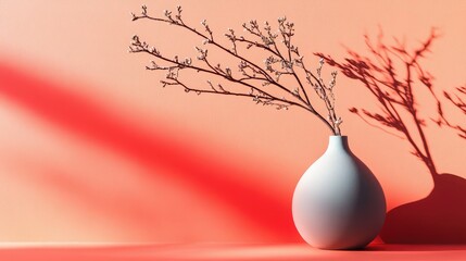 Poster - Elegant Minimalist Vase Displaying Delicate Branches Against a Soft Coral Background with Intriguing Shadow Play for Artistic Aesthetic Appeal and Inspiration