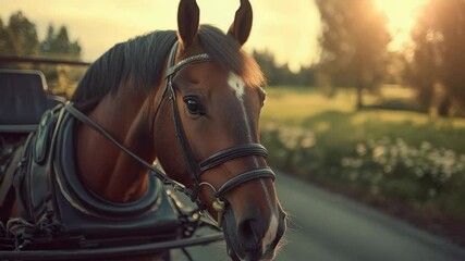 Poster - A horse pulls a carriage along a winding road, perfect for use in vintage or rustic-themed designs