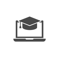 Poster - Digital Education: A modern illustration of a laptop with a graduation cap placed on top of the screen representing online education and academic success.