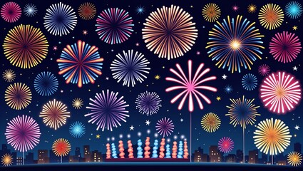 Vector fireworks exploding colorfully representing celebration over cityscape at night

