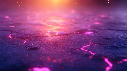 Poster - Enchanting Glowing Surface with Cracks in a Mystical Setting, Bathed in a Warm Orange Light Against a Soft, Dreamy Background of Sparkling Particles