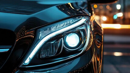 Poster - A close-up view of a car's headlights shining brightly at night