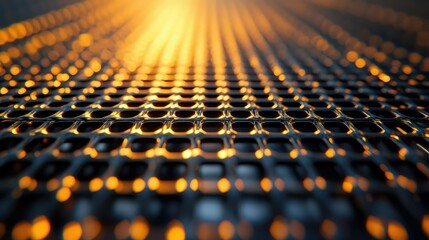 Poster - Detailed close-up of a metallic surface with a perforated texture and warm glowing light showcasing intricate patterns and reflections for design inspiration.
