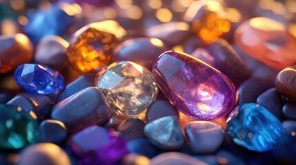 Poster - Sparkling Gemstones and Colorful Crystals on a Bed of Smooth Pebbles, Captivating Light Reflections Creating a Mystical and Enchanting Atmosphere in Nature