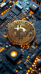 Poster - bitcoin integration concept with digital circuit board and electronic components