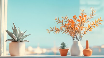 Poster - Bright and Colorful Indoor Plants in Elegant Vases on Windowsill with Scenic View in Background, Natural Light Creating a Warm Atmosphere for Home Decor
