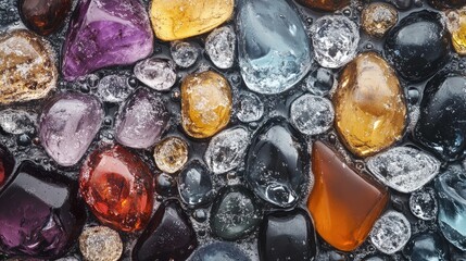 Poster - Colorful assortment of shimmering gemstones and pebbles with glimmers of light reflecting off their surfaces, creating a vibrant and captivating background for various design projects.