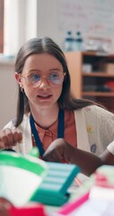 Poster - Help, teacher and woman in classroom, education and conversation with advice, teaching and kids. Person, educator and employee in school, discussion and learning with academic growth and development