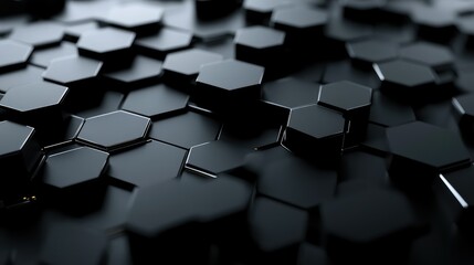 Poster - Abstract Close-Up of Black Hexagonal Shapes on a Dark Surface, Showcasing Modern Design and Innovative Texture for Creative Projects