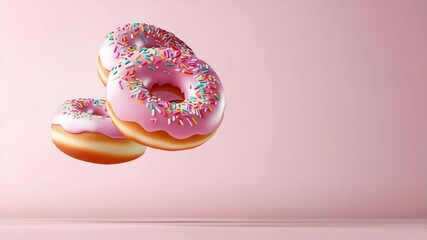 Poster - Three donuts with sprinkles are flying in the air. The background is pink. The donuts are the main focus of the image
