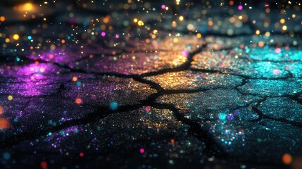 Poster - Vibrant Multicolored Sparkles on Cracked Ground Surface Under Dreamy Lighting in a Dark Environment Creating a Magical and Enchanting Atmosphere