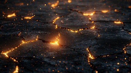 Poster - A Close-Up View of Cracked Ground with Glowing Lava Channels Creating a Dramatic Environment in a Dark and Fiery Landscape