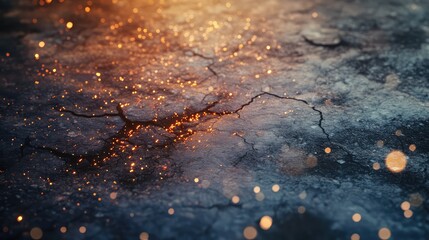 Poster - Abstract close-up view of cracked ground surface with scattered bright glimmers and glowing particles creating a captivating texture and artistic visual effect for various creative projects.