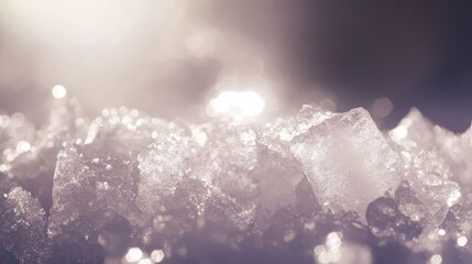 Poster - Elegant Close-up of Sparkling Ice Crystals on a Shimmering Surface with Soft Glowing Light, Creating a Magical Winter Wonderland Effect Throughout the Frame