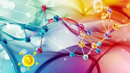 Poster - Colorful molecules interact over a dynamic waving background with flowing patterns, molecules moving over waving multi coloured background
