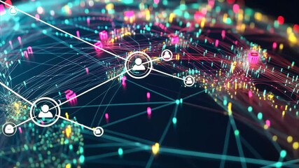 Poster - Network of connections and data processing displayed over a digital globe visualizing global communication, network of connections over globe and data processing
