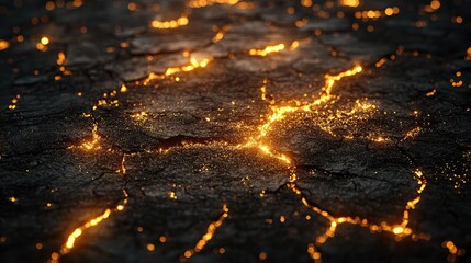 Poster - Glowing Lava Cracks on Dark Ground Illustrating the Intense Heat of Volcanic Eruptions and the Dynamic Nature of Earth's Surface with Luminescent Patterns