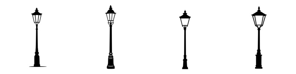 Poster - silhouette pictograms of classic street lamps showcasing various designs and styles for urban enviro