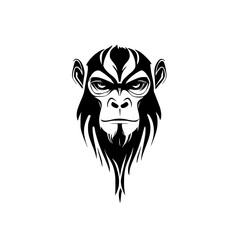 Poster - Unique black and white silhouette of a monkey head with detailed features and stylized beard design suitable for various creative uses