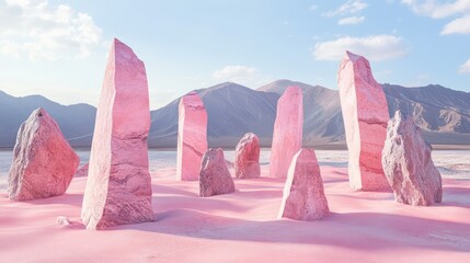 Poster - Surreal Landscape with Pink Rock Formation and Mountain Backdrop, Evoking a Dreamy Atmosphere in a Colorful Desert Setting at Sunset