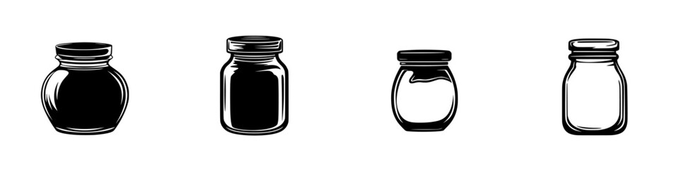 Poster - Silhouette pictogram icon set of various jars in black and white design isolated on white background for graphic use