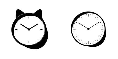 Poster - Silhouette pictograms of cat-shaped clock and round clock design showcasing timekeeping icons for various uses