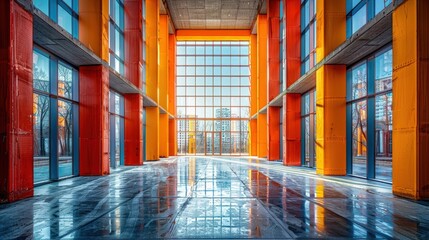 Poster - Vibrant Modern Architecture with Reflective Surfaces and Urban Skyline Views