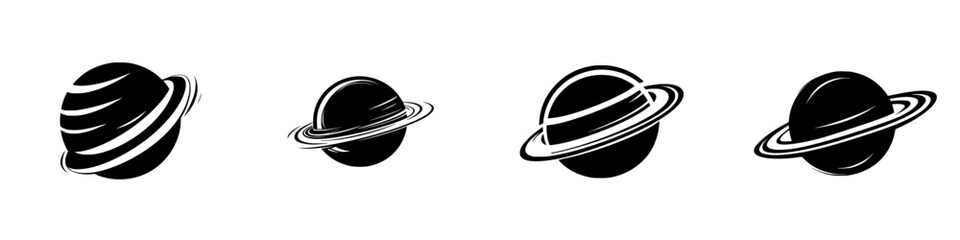 Poster - Silhouette pictograms featuring various planet designs with rings and solid forms in a minimalist style