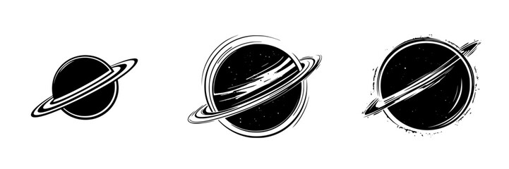 Poster - Silhouette pictograms of three planets showcasing different textures and designs in a minimalist style