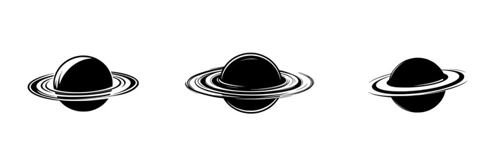 Poster - Silhouette pictograms of three distinct planets showcasing rings and curves in minimalist style