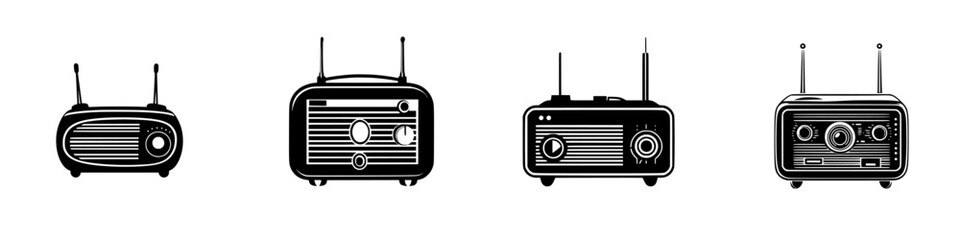 Poster - Collection of silhouette pictograms of retro radios in various designs and styles for graphic use
