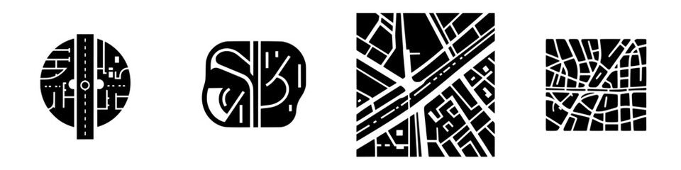 Poster - Set of silhouette pictograms representing various map layouts and orientations for design and navigation
