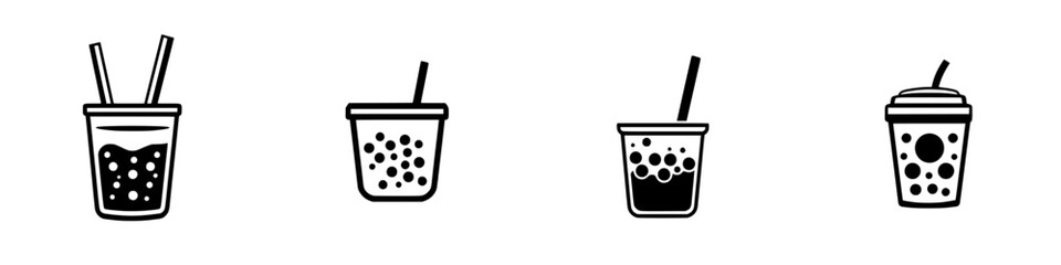 Poster - Variety of silhouette pictograms of beverage containers with straws showcasing different drink styles and presentations