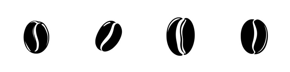 Poster - Collection of black coffee bean silhouettes in various orientations showcased as vector icons for design purposes