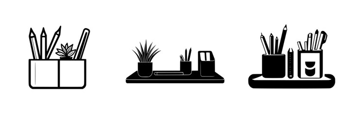 Poster - Silhouette pictogram icons of desk organizers with pens, plants, and stationery items for office or study settings