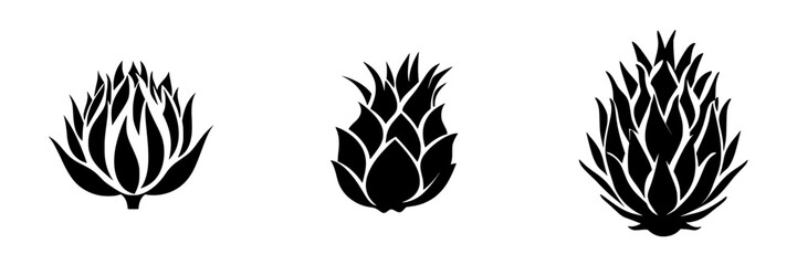 Poster - Silhouette pictogram icons depicting three unique representations of a pineapple in a minimalist design approach