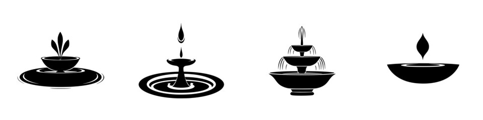 Poster - set of four silhouette pictogram icons depicting water elements and decorative features in a minimal