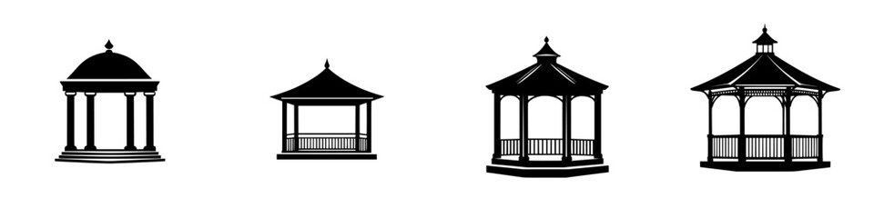 Poster - collection of silhouette pictograms featuring various gazebo designs in an isolated vector format su