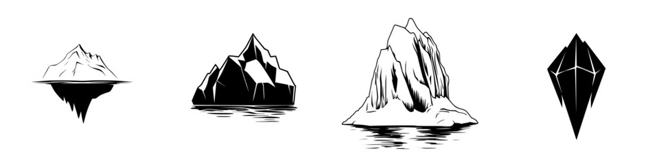 Poster - Vector icons set featuring various silhouette pictograms of icebergs and geometric shapes floating in water