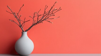 Poster - Minimalist Home Decor with Grey Vase and Natural Branches Against a Vibrant Coral Wall for Modern Interior Design Inspiration
