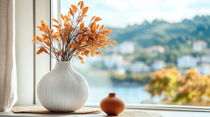 Poster - Aesthetic Composition of Autumn Leaves in a Decorative Vase on Window Sill with Scenic Background and Soft Natural Light Enhancing the Cozy Atmosphere